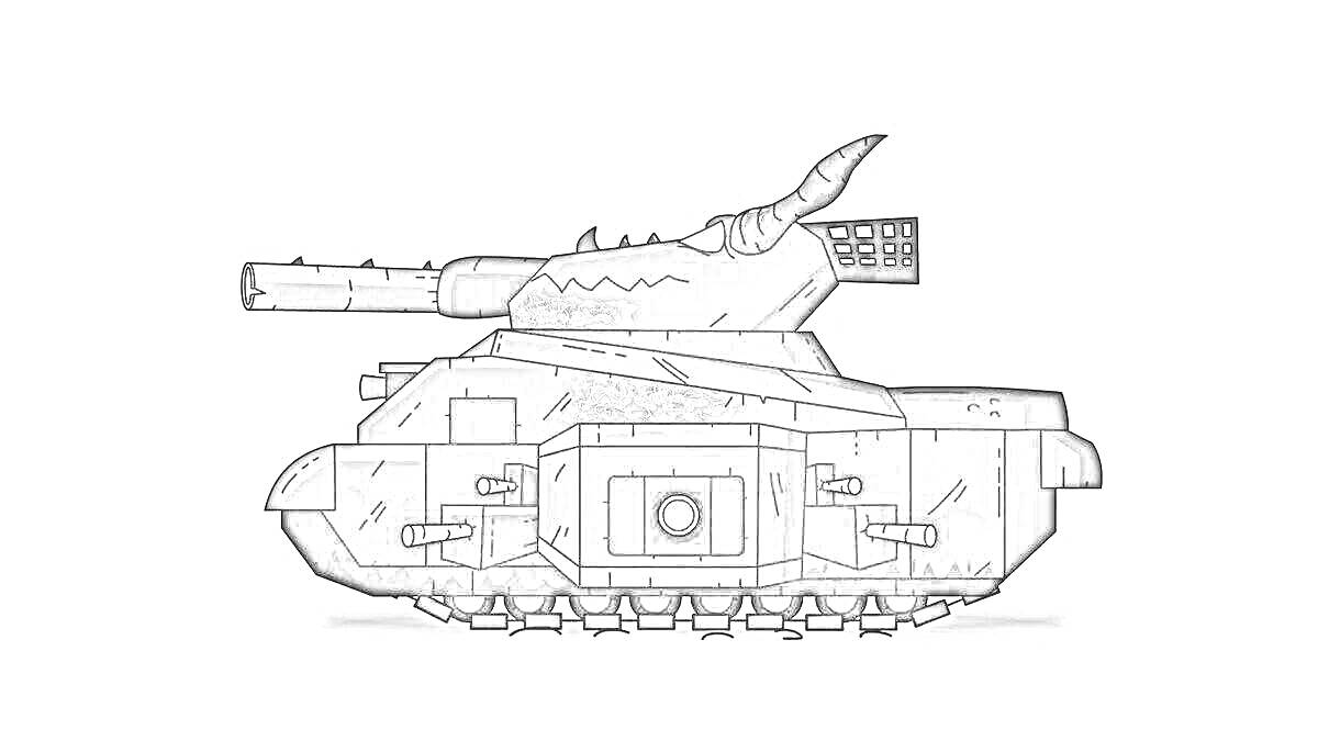 Раскраска Танк Геранд Левиафан с рогом на башне и массивной пушкой