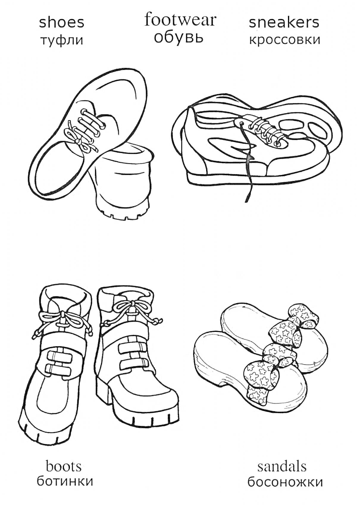 На раскраске изображено: Обувь, Туфли, Кроссовки, Ботинки, Босоножки, Рисунки для раскрашивания