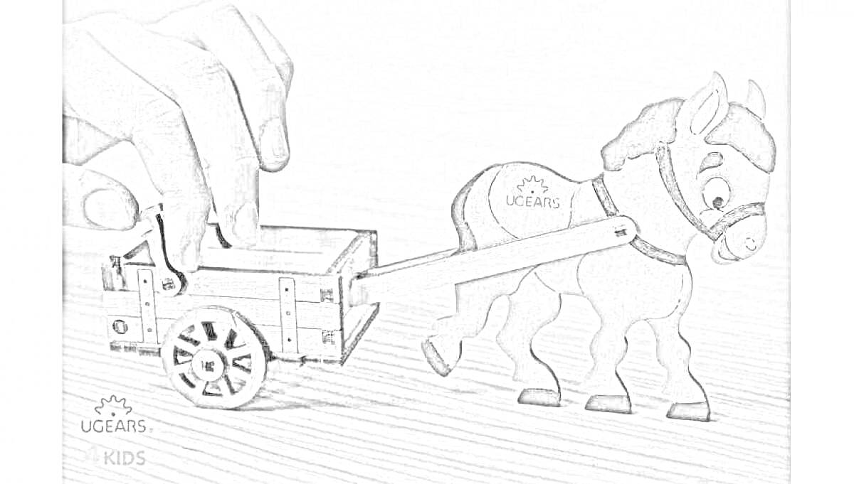 Раскраска Деревянный 3D конструктор с лошадью и тележкой