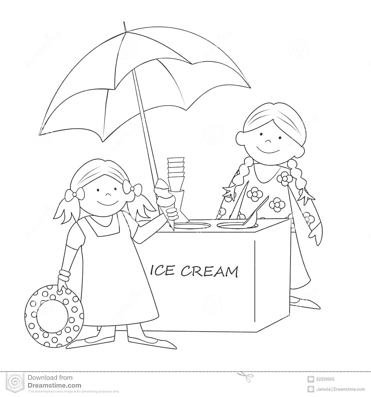 На раскраске изображено: Продавец, Мороженое, Пончик, Для детей, Лето