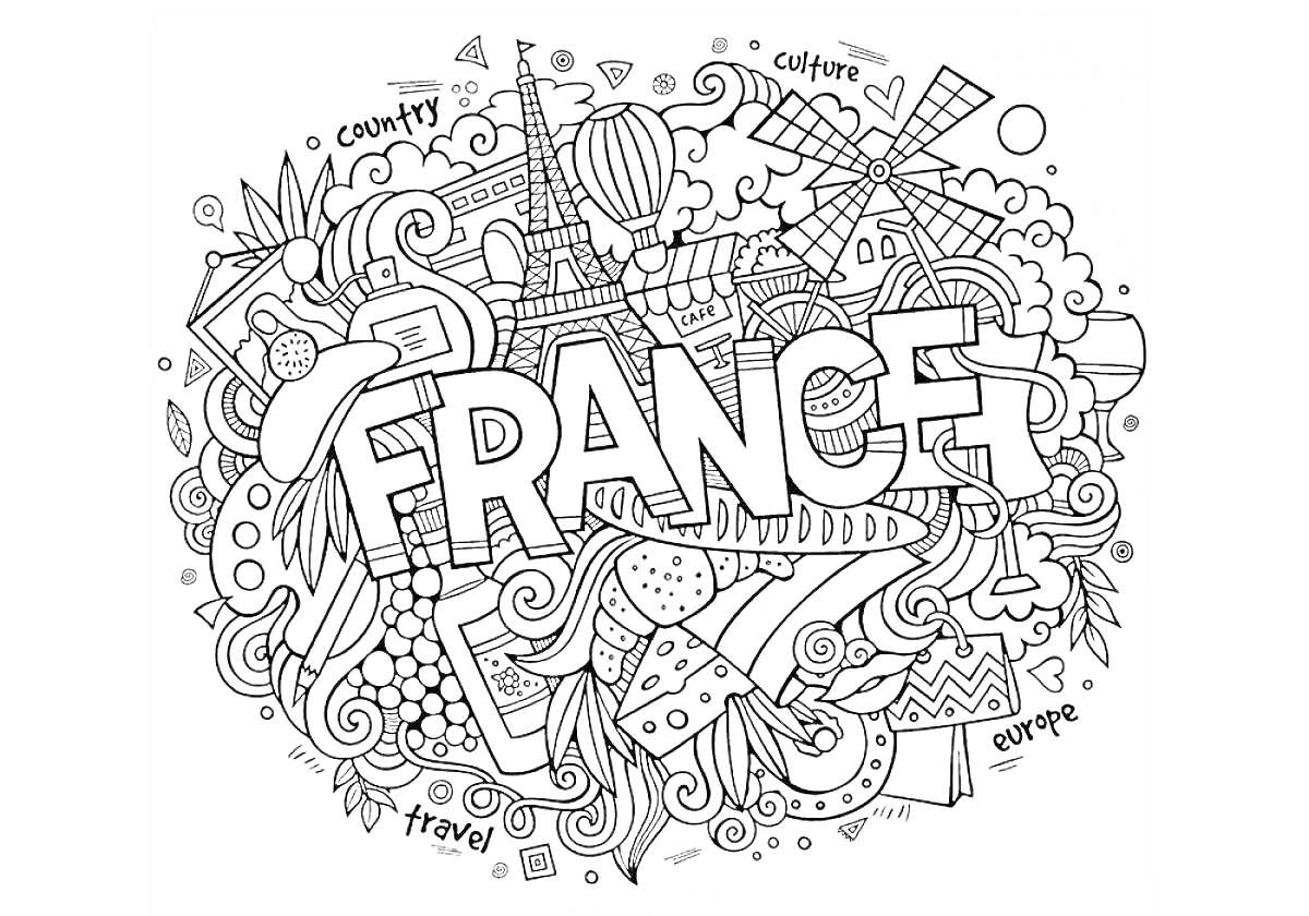 Раскраска Франция: Ветряные мельницы, Эйфелева башня, сыр, виноград, багет, воздушный шар, облака