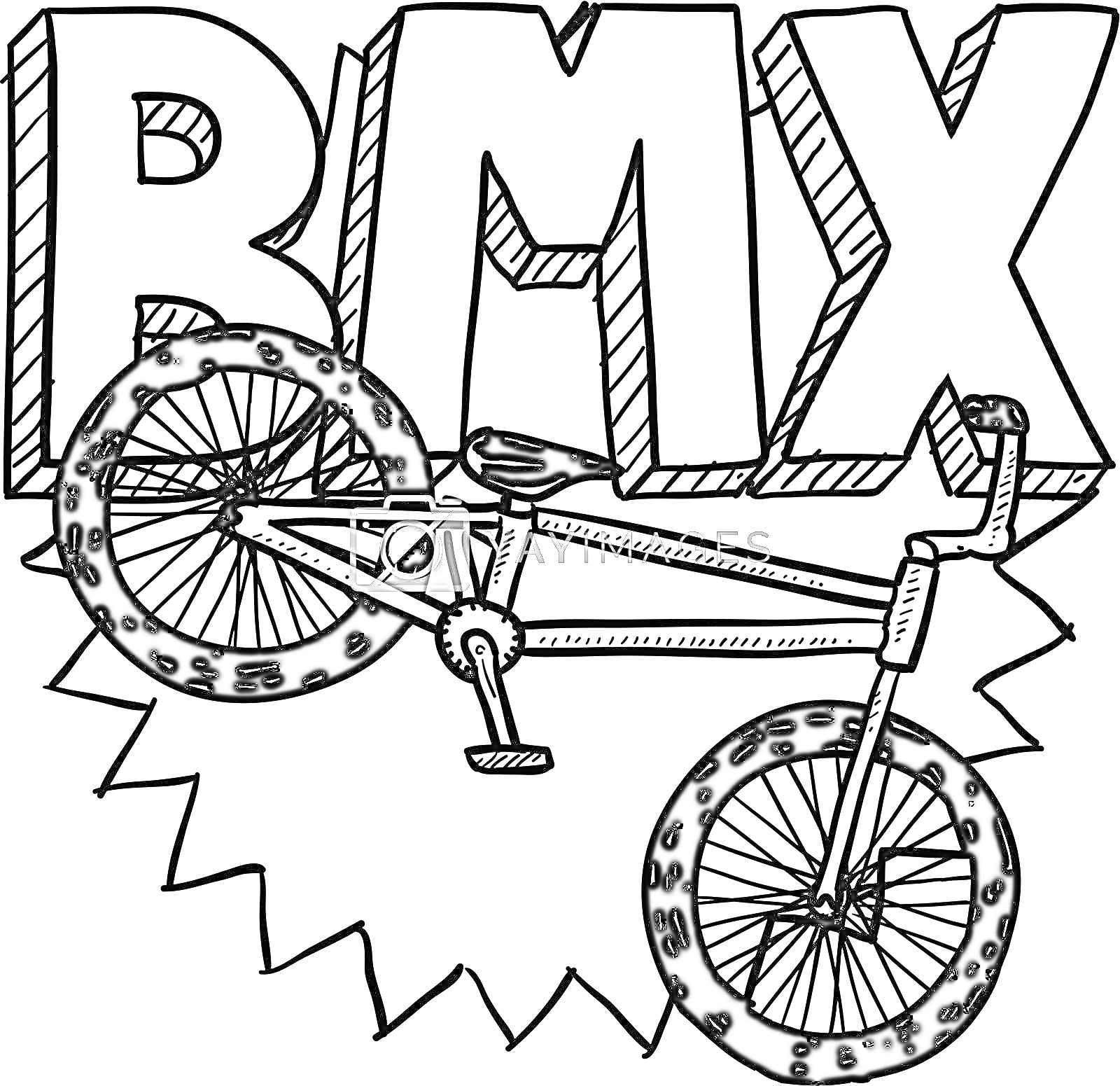 На раскраске изображено: BMX, Велосипед, Спорт, Колёса, Педали, Покрышки, Рама, Трюки, Шрифт
