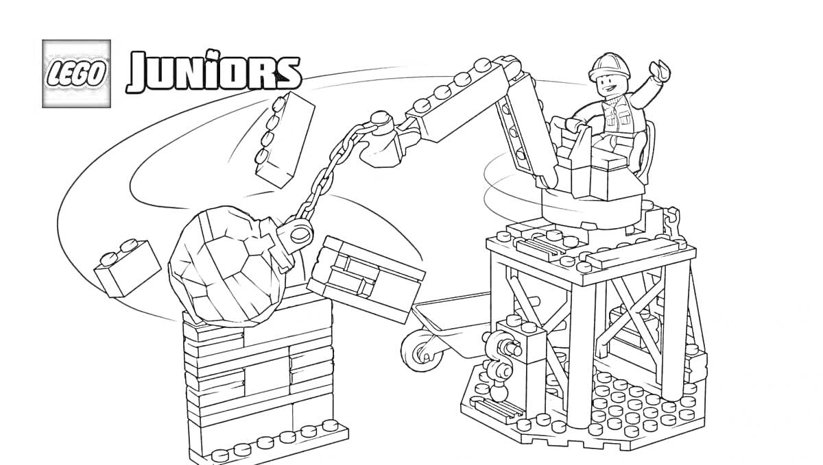 Раскраска Лего стройка с подъемным краном, рабочим на платформе и строительными блоками