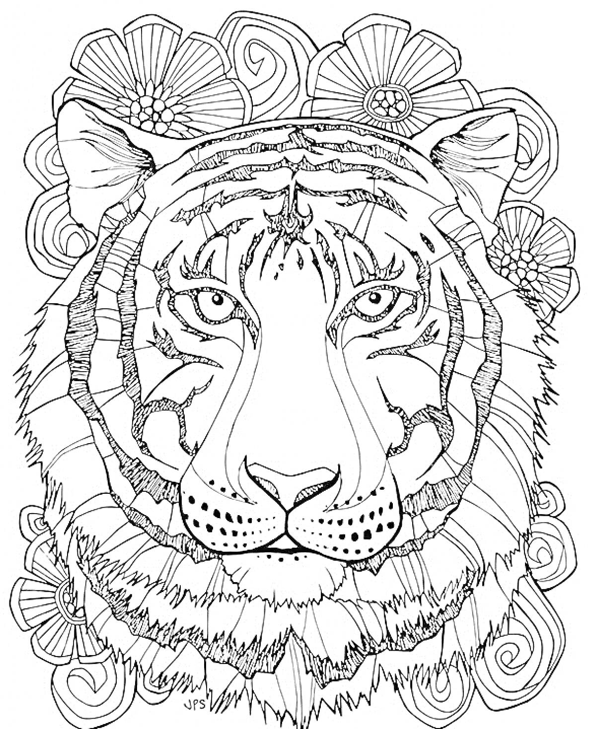 На раскраске изображено: Антистресс, Тигр, Цветы, Узоры, Расслабление, Медитация, Природа