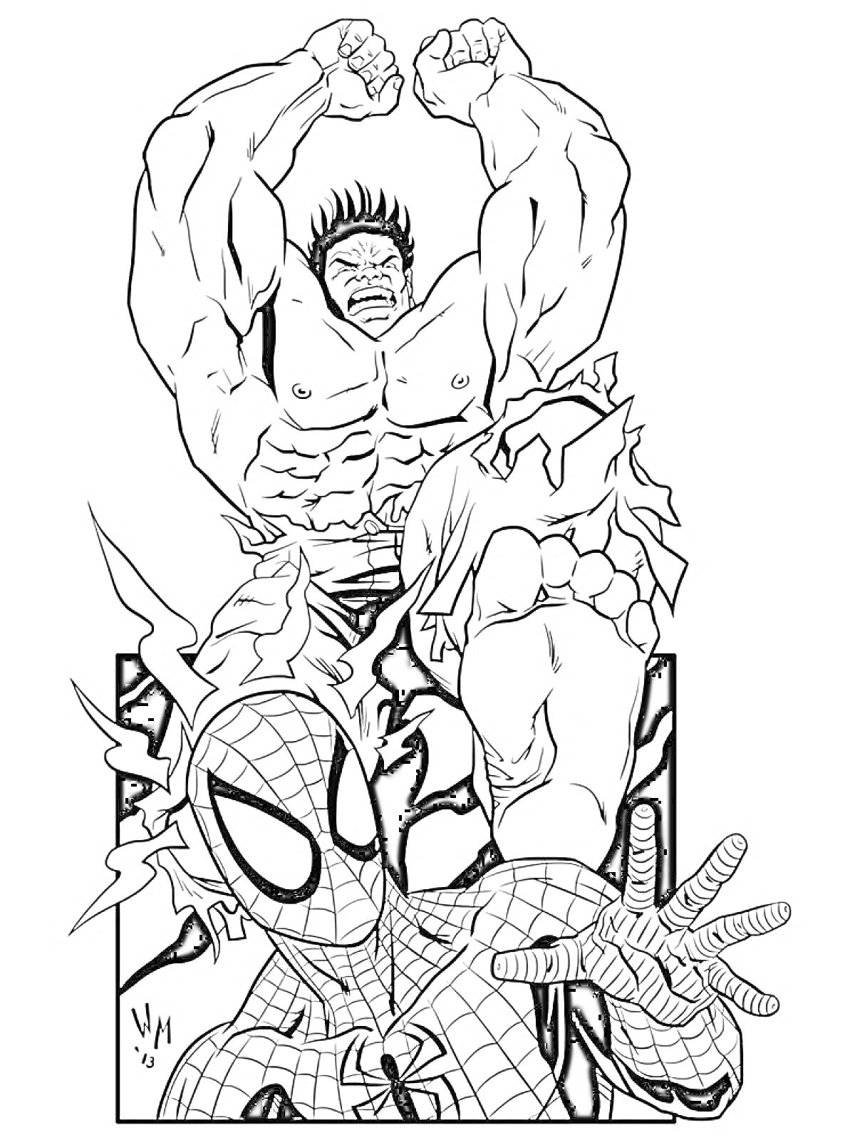 Раскраска Халк и Человек-паук, Халк сжат кулаки, Человек-паук в характерной позе с паутиной