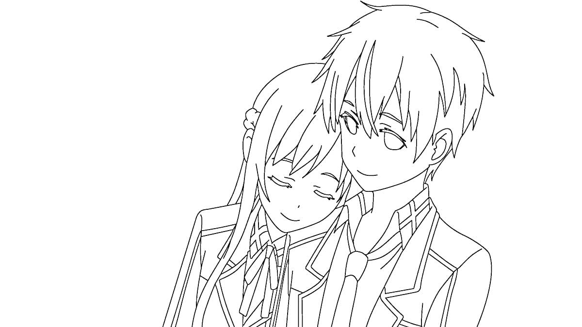 На раскраске изображено: Аниме, Мальчик, Девочка, Школьная форма, Объятия, Романтика, Дружба