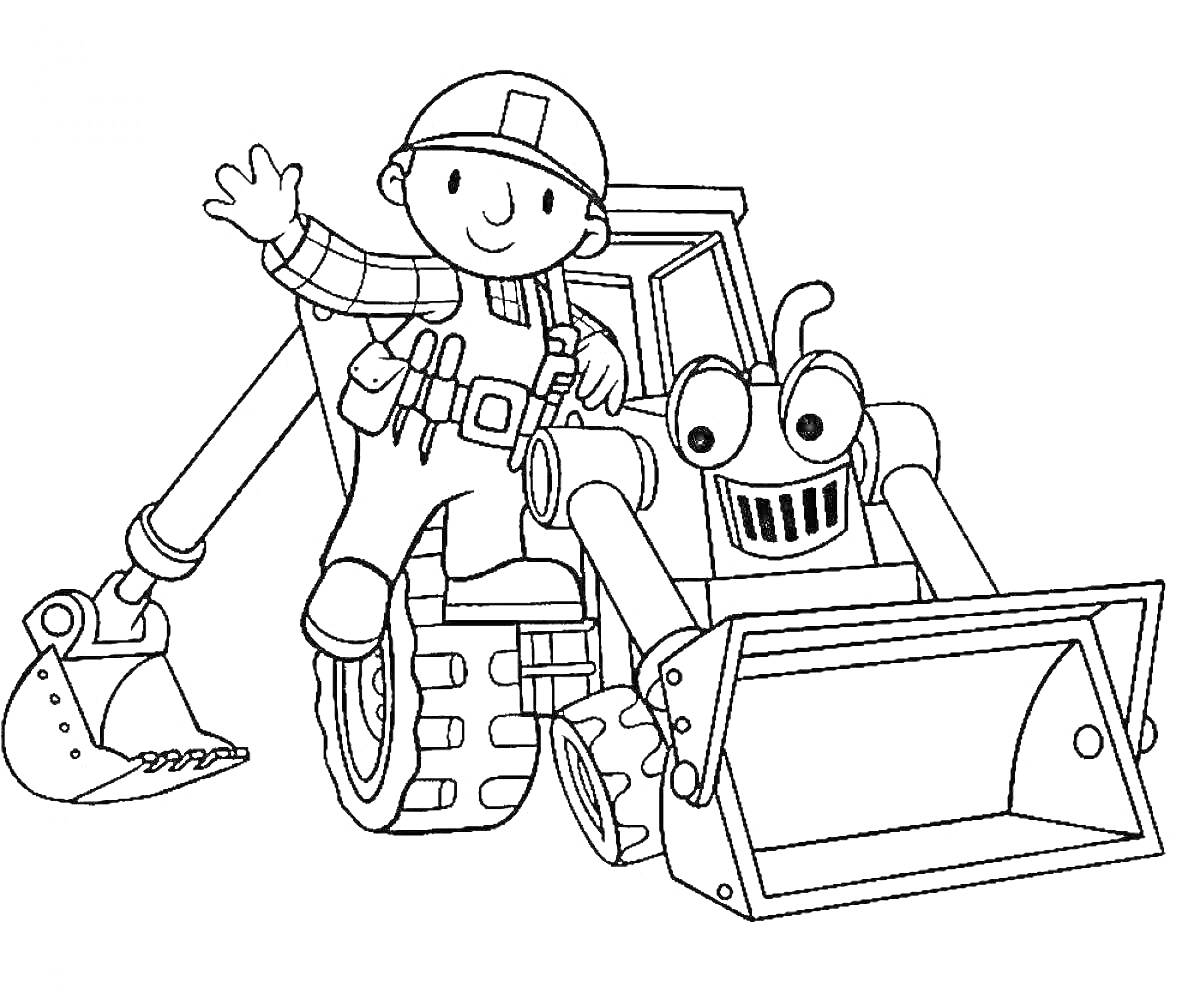 Раскраска Строитель с экскаватором и подъемной машиной