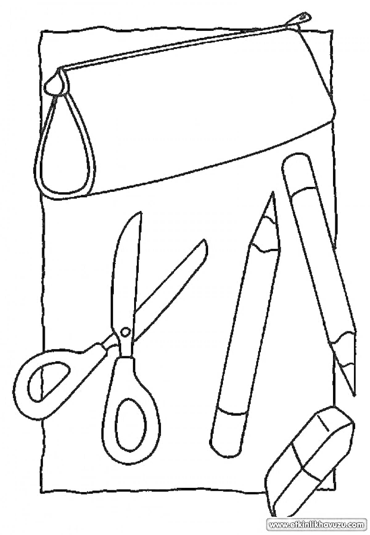 Раскраска Пенал с учебными принадлежностями (ножницы, линейка, карандаш, ластик)