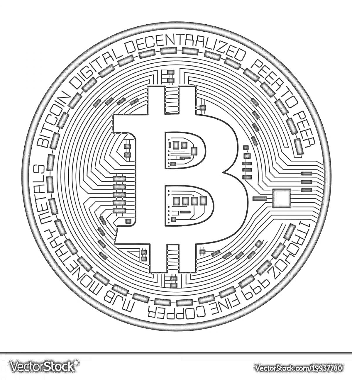 Логотип биткоина с надписями 