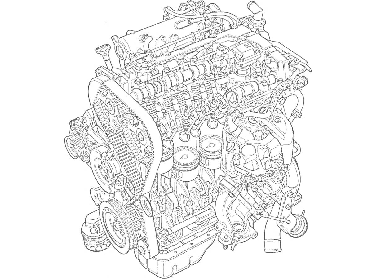 Раскраска Чертеж автомобильного двигателя со всеми основными компонентами, включая ремни, шестерни, головку блока цилиндров и водяной насос.