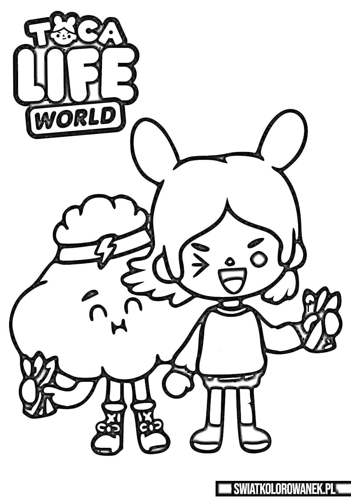 Раскраска Персонажи Toca Life World: девочка с ушами и улыбающееся облако