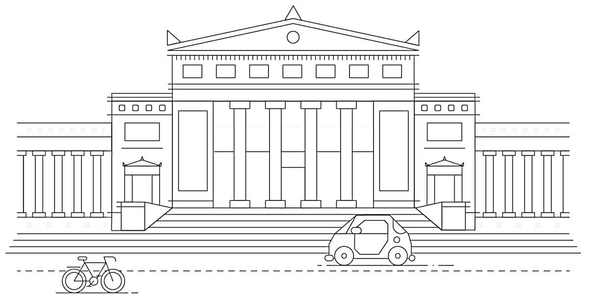 Раскраска Музей с колоннадой, автомобилем и велосипедами перед входом