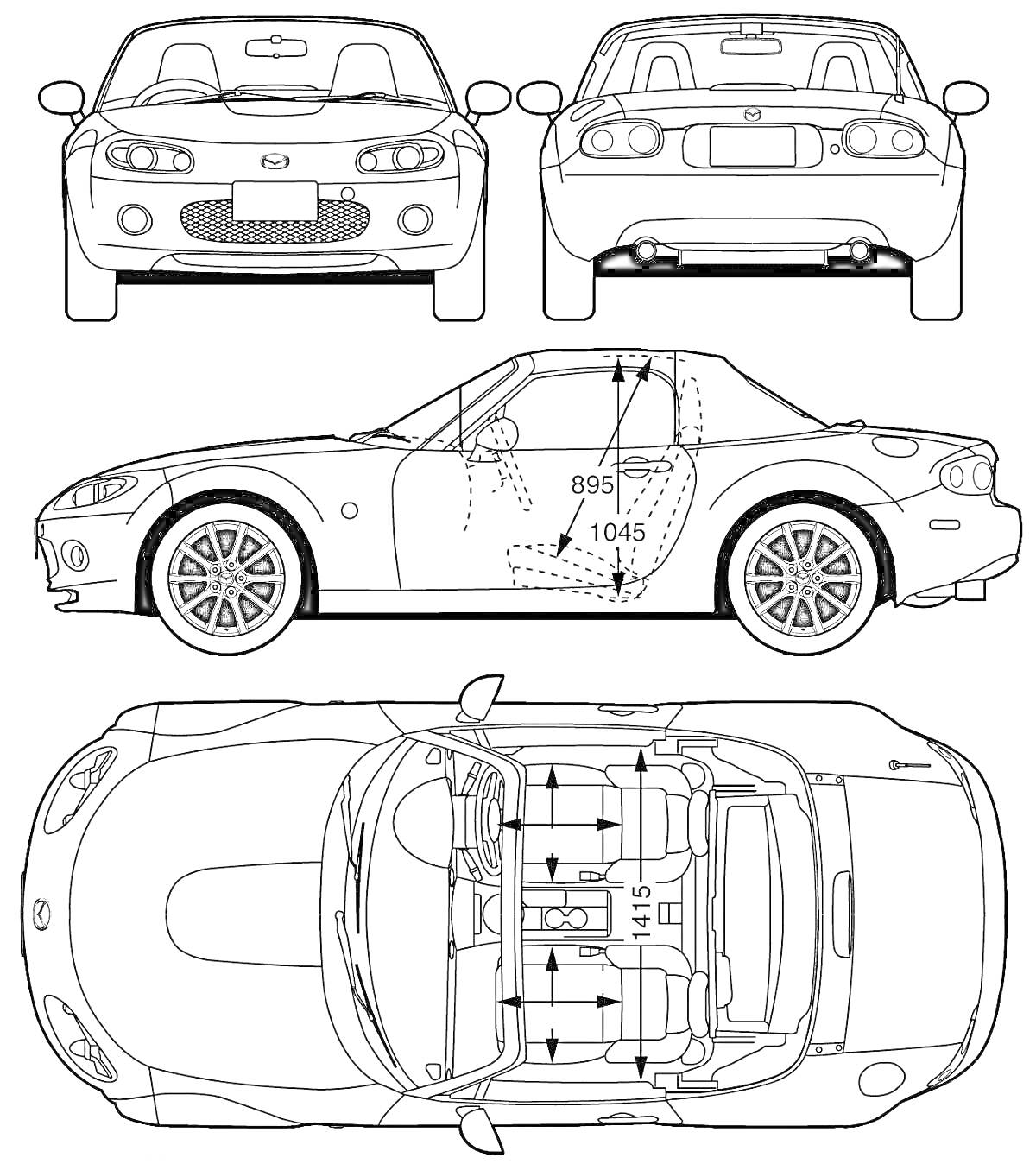 Вид спереди, сзади, сбоку и сверху автомобиля Mazda Miata с указанием размеров