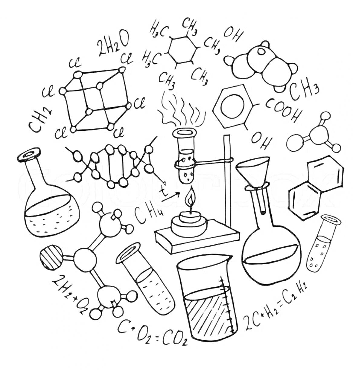 Лабораторное оборудование и химические структуры (колбы, пробирки, молекулы, формулы)
