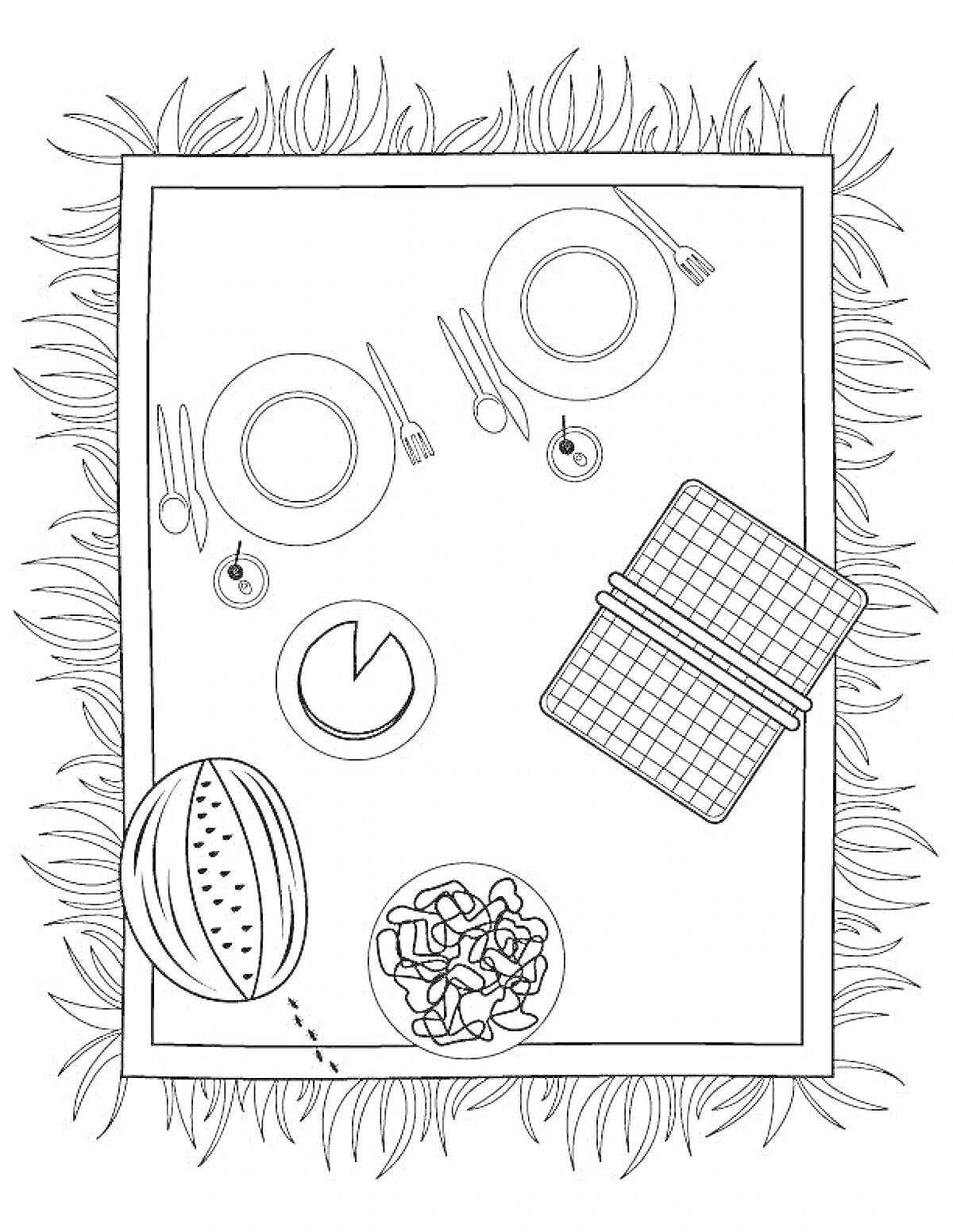 Раскраска Пикник на природе – накрытый стол с посудой и едой, корзина для пикника, кусок арбуза, чаша с чипсами, трава вокруг
