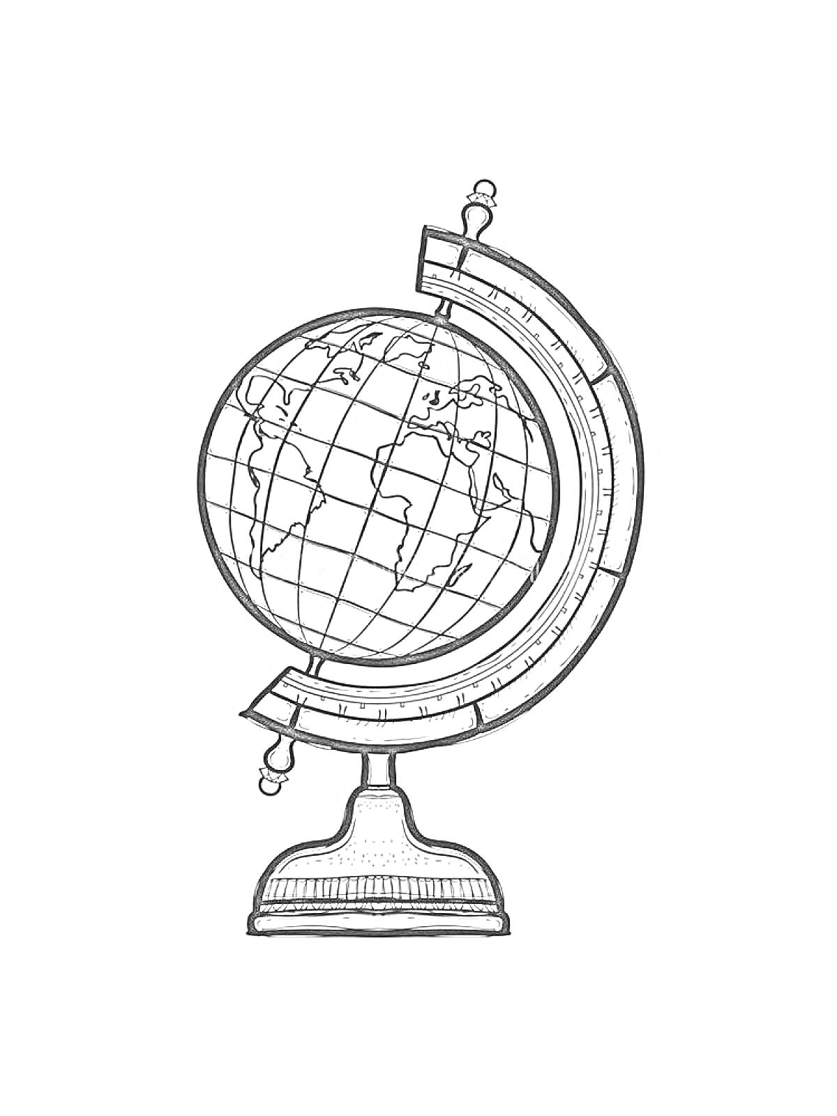 На раскраске изображено: Глобус, Подставка, Карта мира, Континенты, Школьные принадлежности, География
