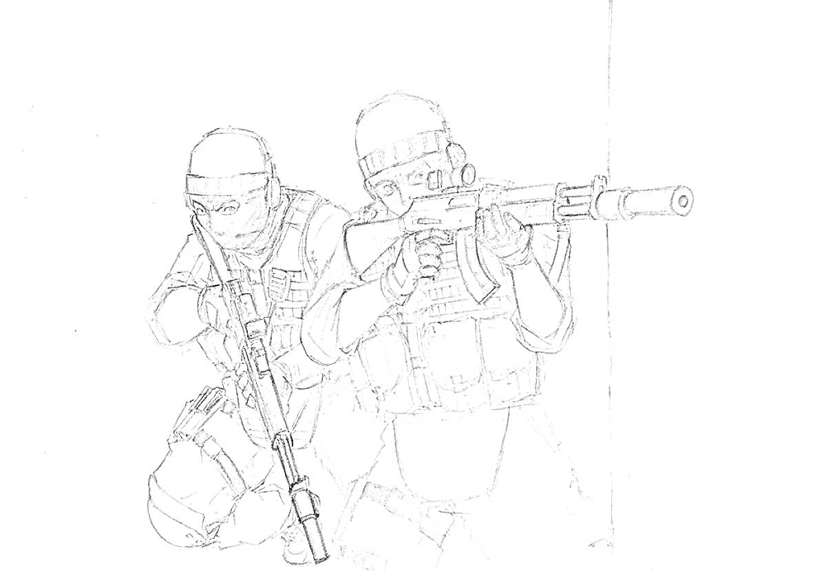 Раскраска Два бойца в бронежилетах, вооруженные автоматами, готовящиеся к бою