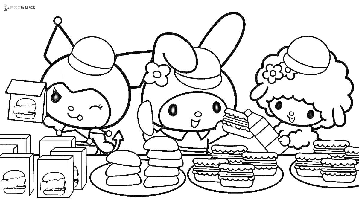 Раскраска Курамин и Мелоди готовят закуски на столе с коробками и сендвичами