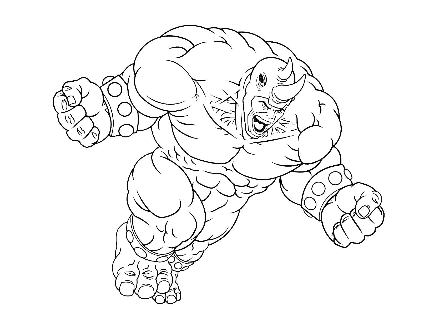 Раскраска Мускулистый человек в костюме носорога с поднятыми кулаками