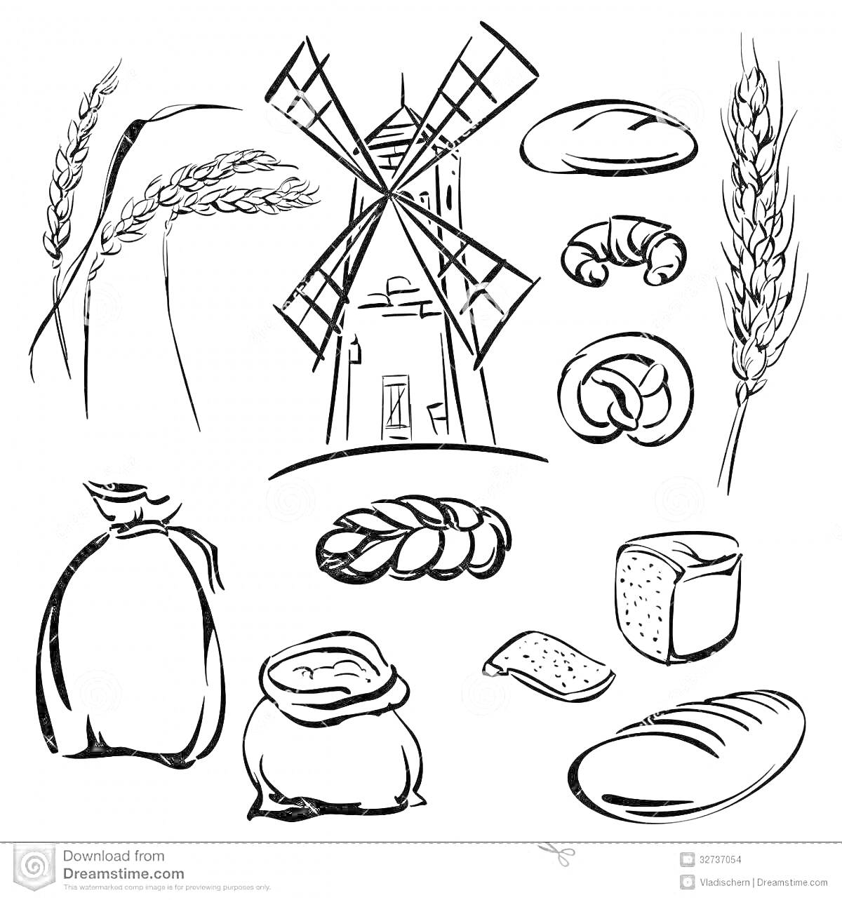 На раскраске изображено: Хлеб, Пшеница, Мельница, Выпечка, Батон, Булка, Буханка, Мука