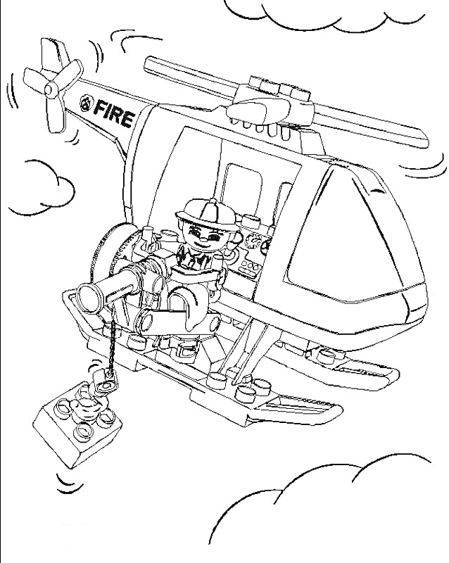 На раскраске изображено: Вертолет, Строительные блоки, Облака, Полиция