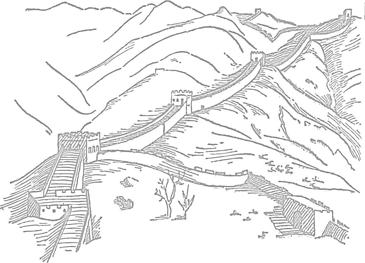 Раскраска Великая Китайская стена с башнями на фоне горного пейзажа, шпили на башнях, холмы и деревья, каменные стены