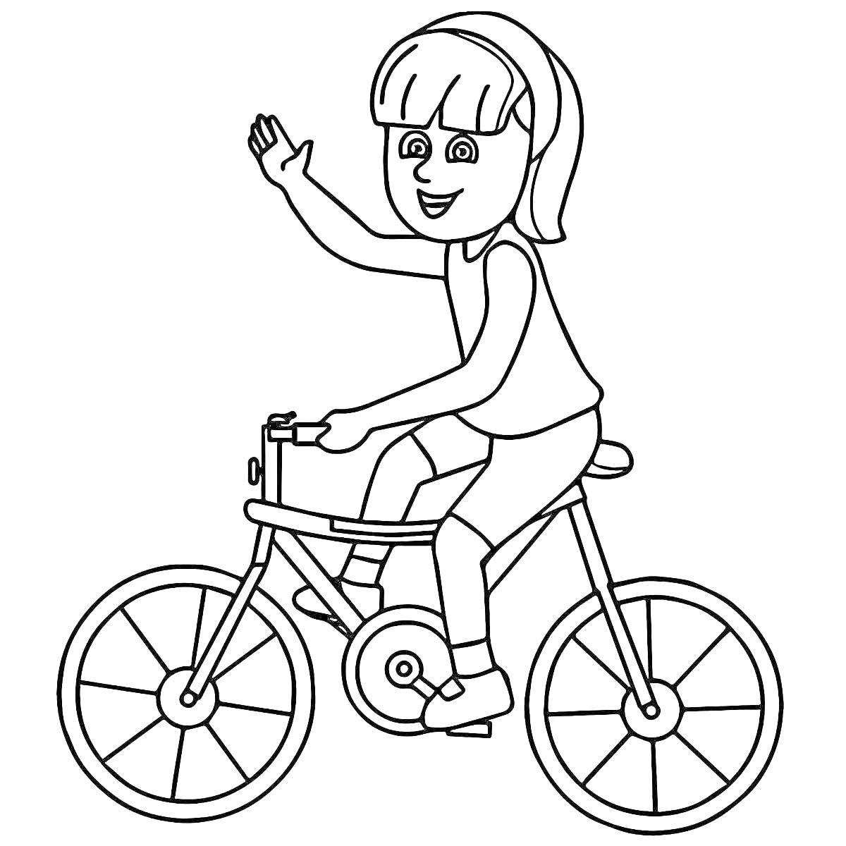 На раскраске изображено: Мальчик, Велосипед, Езда, Машет рукой, Спорт, Игра, Транспорт, Активность