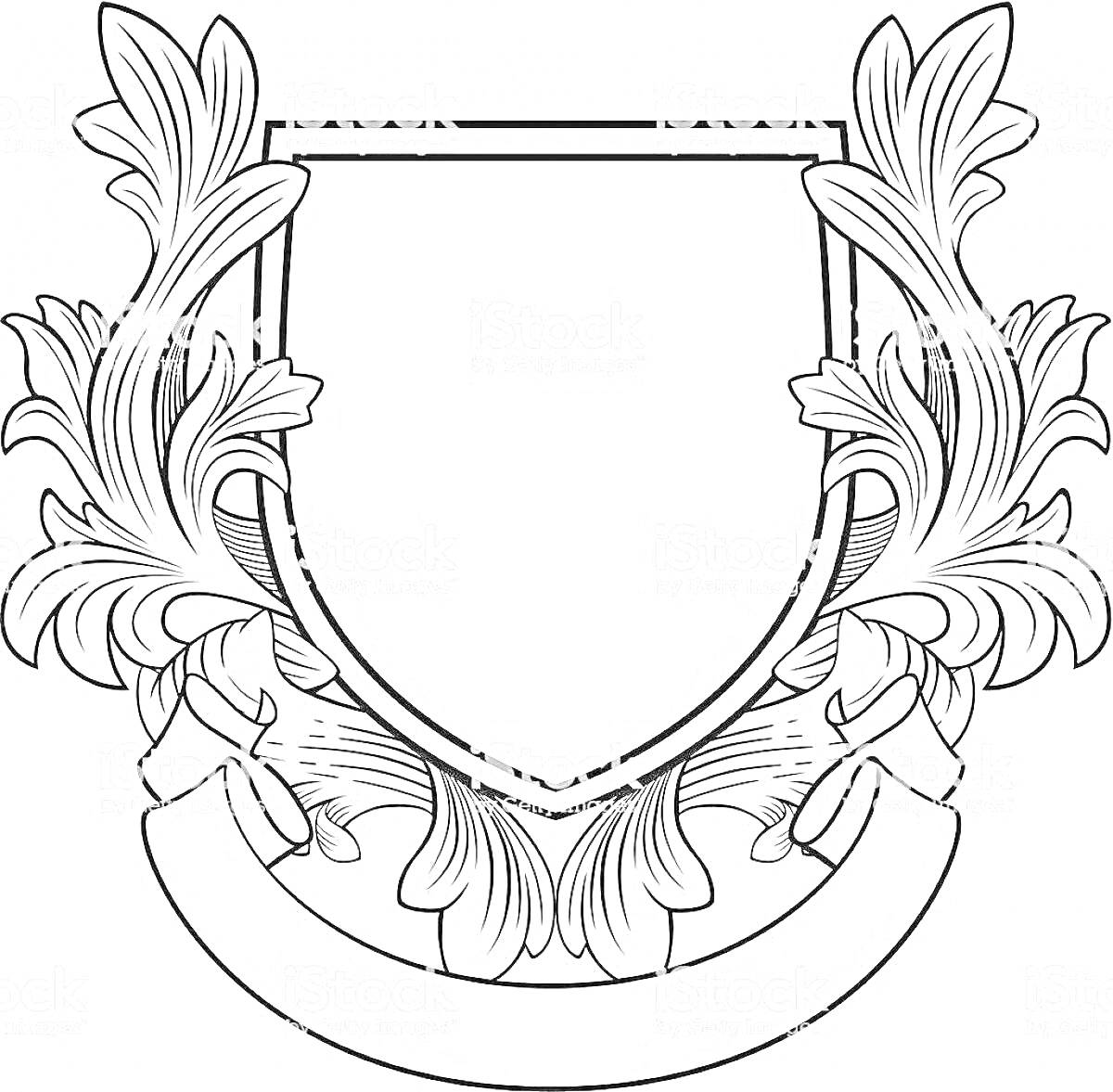 Герб моей семьи с пустым полем для рисунка, украшенный декоративными листьями и лентой снизу
