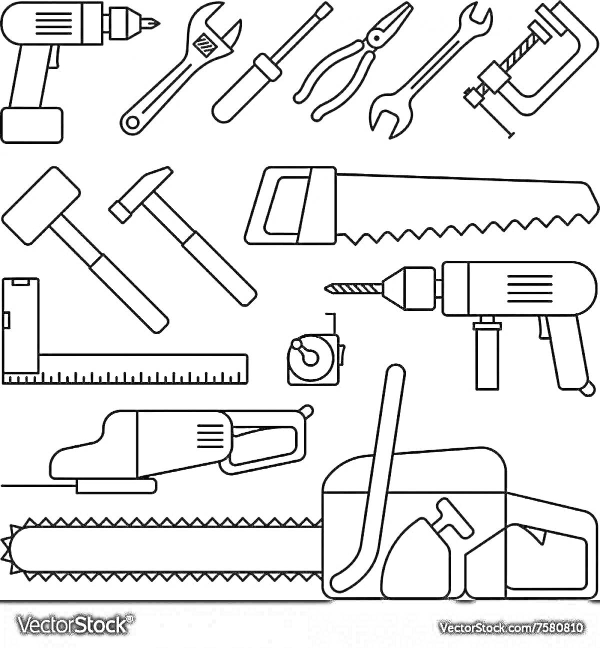 На раскраске изображено: Дрель, Ключ, Разводной ключ, Пассатижи, Молоток, Пила, Угольник, Рулетка, Электродрель, Бензопила, 6 лет, 7 лет