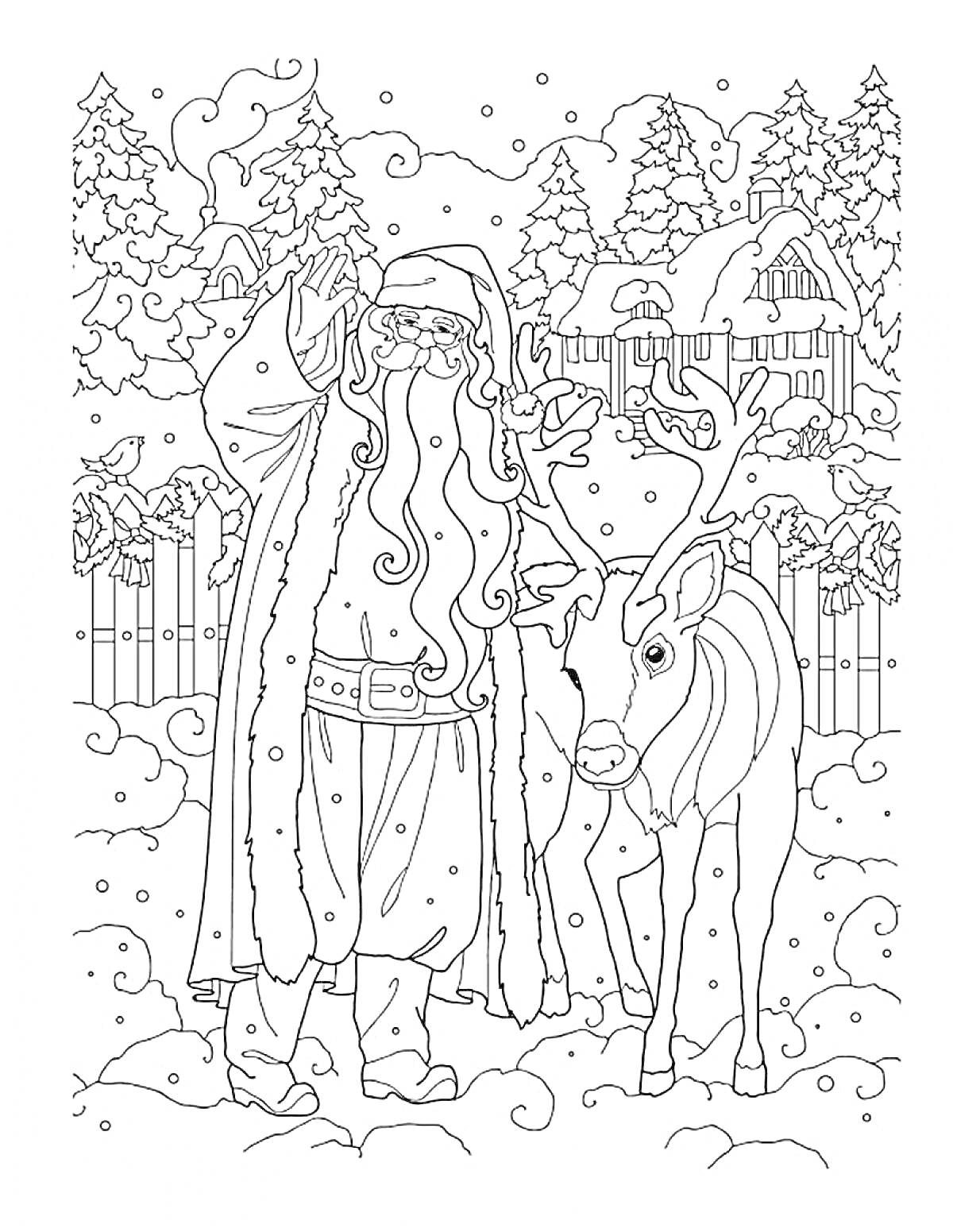 Раскраска Дед Мороз и олень на фоне зимнего леса и домиков