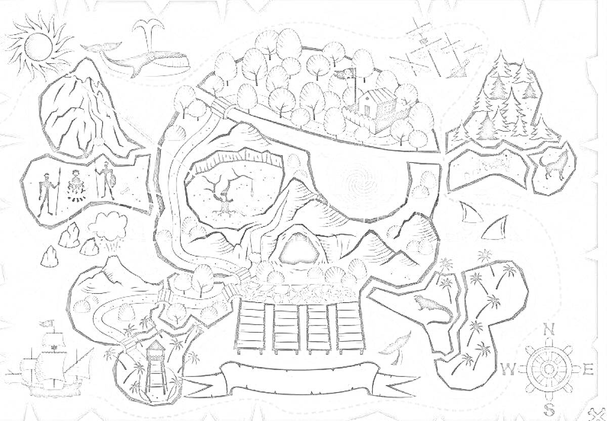 Раскраска Карта с островами в форме черепа с элементами: корабль, маяк, водопад, кит, компас, каменные ступени, дельфин, катание на каноэ, палатка, чайка, рыбак, дом, деревья.