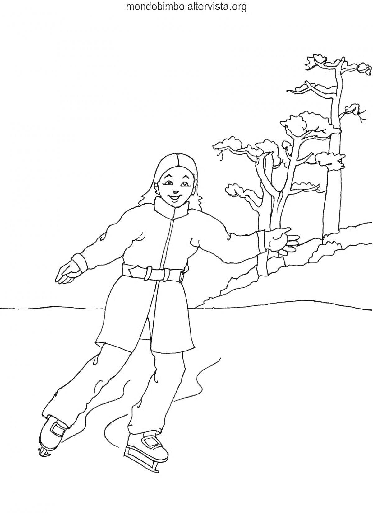 На раскраске изображено: Девочка, Каток, Коньки, Зима, Деревья, Природа, Спорт, Уличная сцена