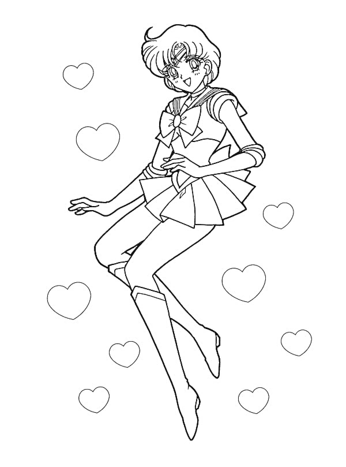 Раскраска Девушка в форме Сейлор в окружении сердечек