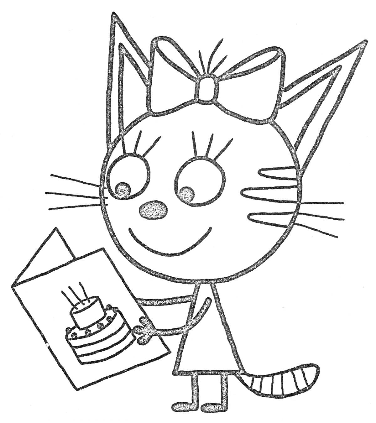Раскраска Кошка с бантом, держащая открытку с тортом