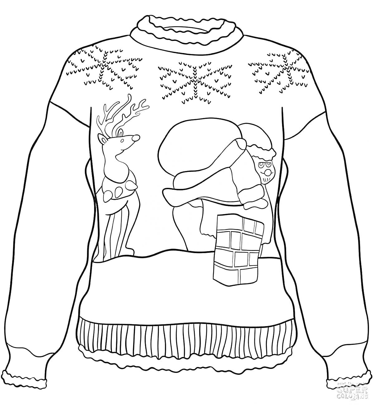 Раскраска Кофта с оленем, Санта-Клаусом с мешком подарков, дымоходом и снежинками