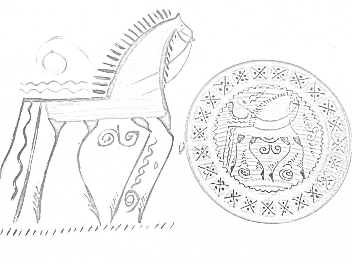 Раскраска Лошадь и круглая деревянная бирка с узорами
