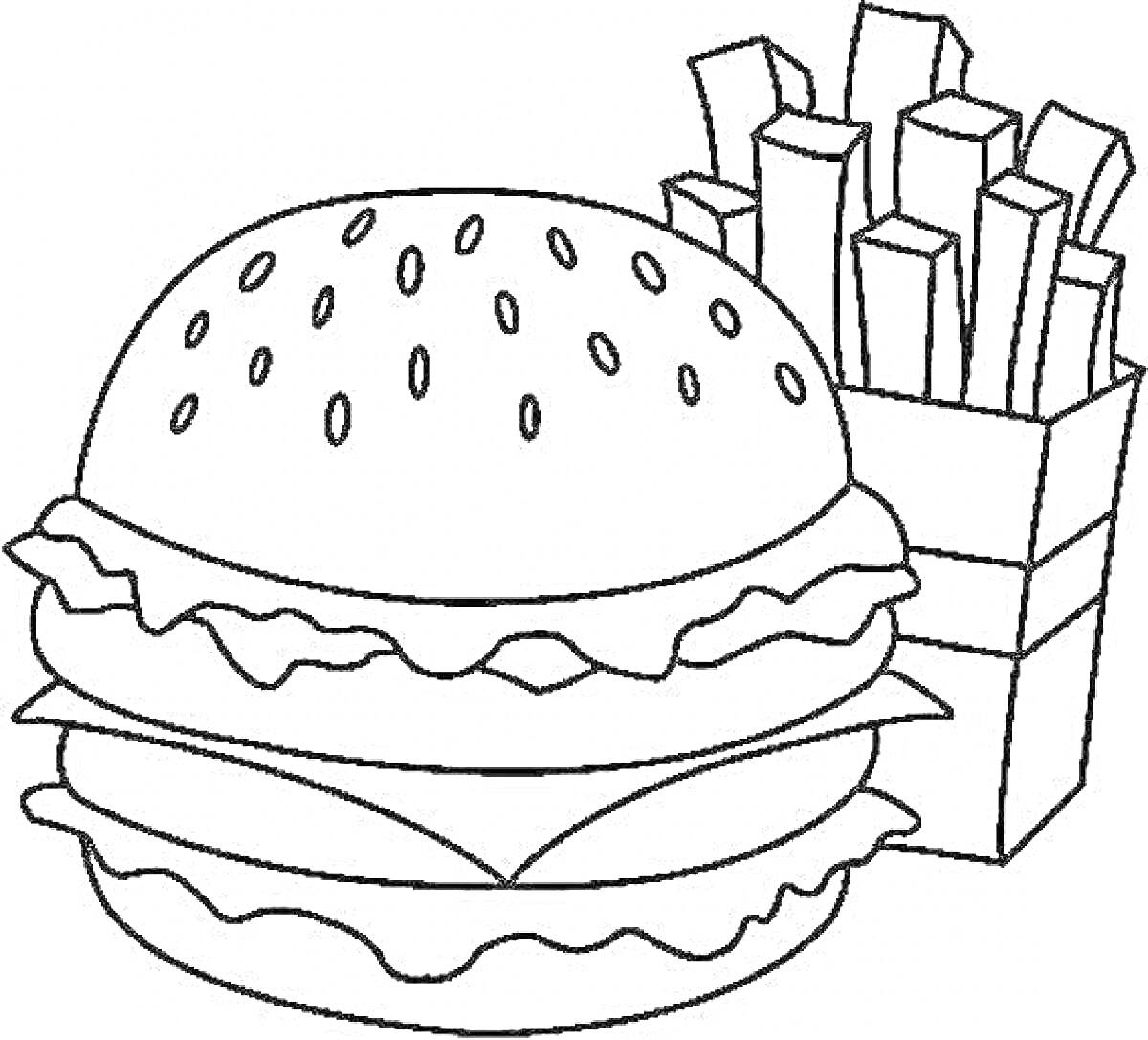 На раскраске изображено: Бургер, Картофель фри, Еда, Гамбургер