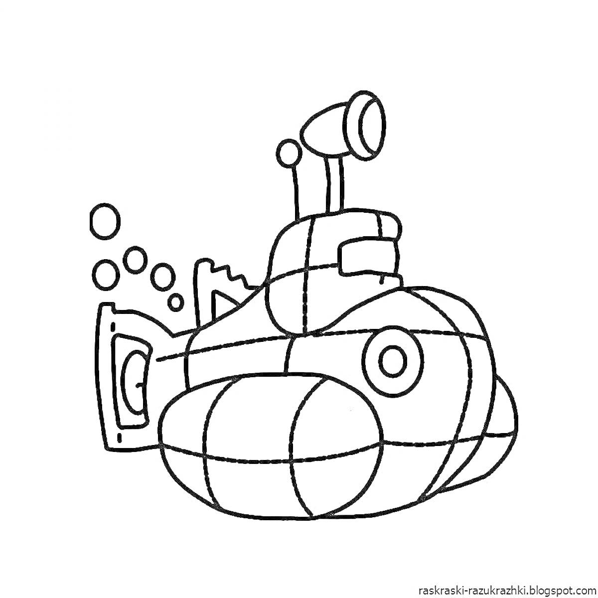 На раскраске изображено: Подводная лодка, Перископ, Пузыри, Море, Подводный мир, Для детей 5-6 лет