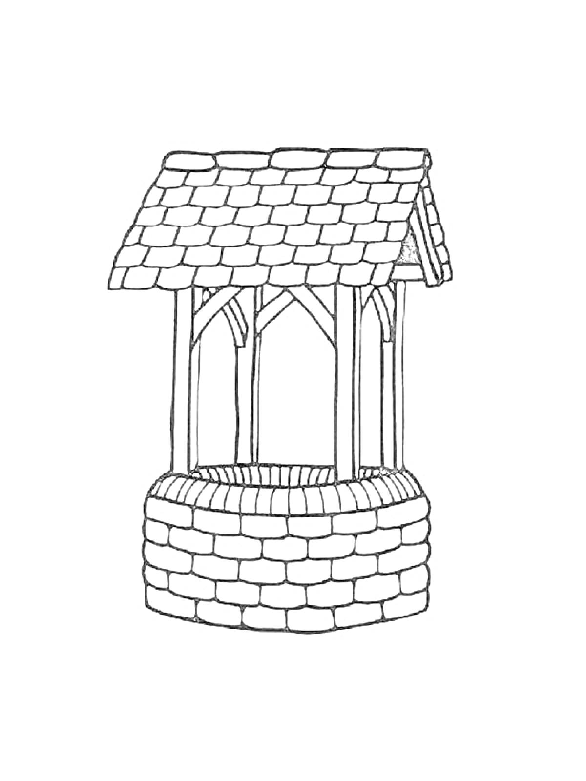 На раскраске изображено: Колодец, Крыша, Кирпичная кладка, Вода