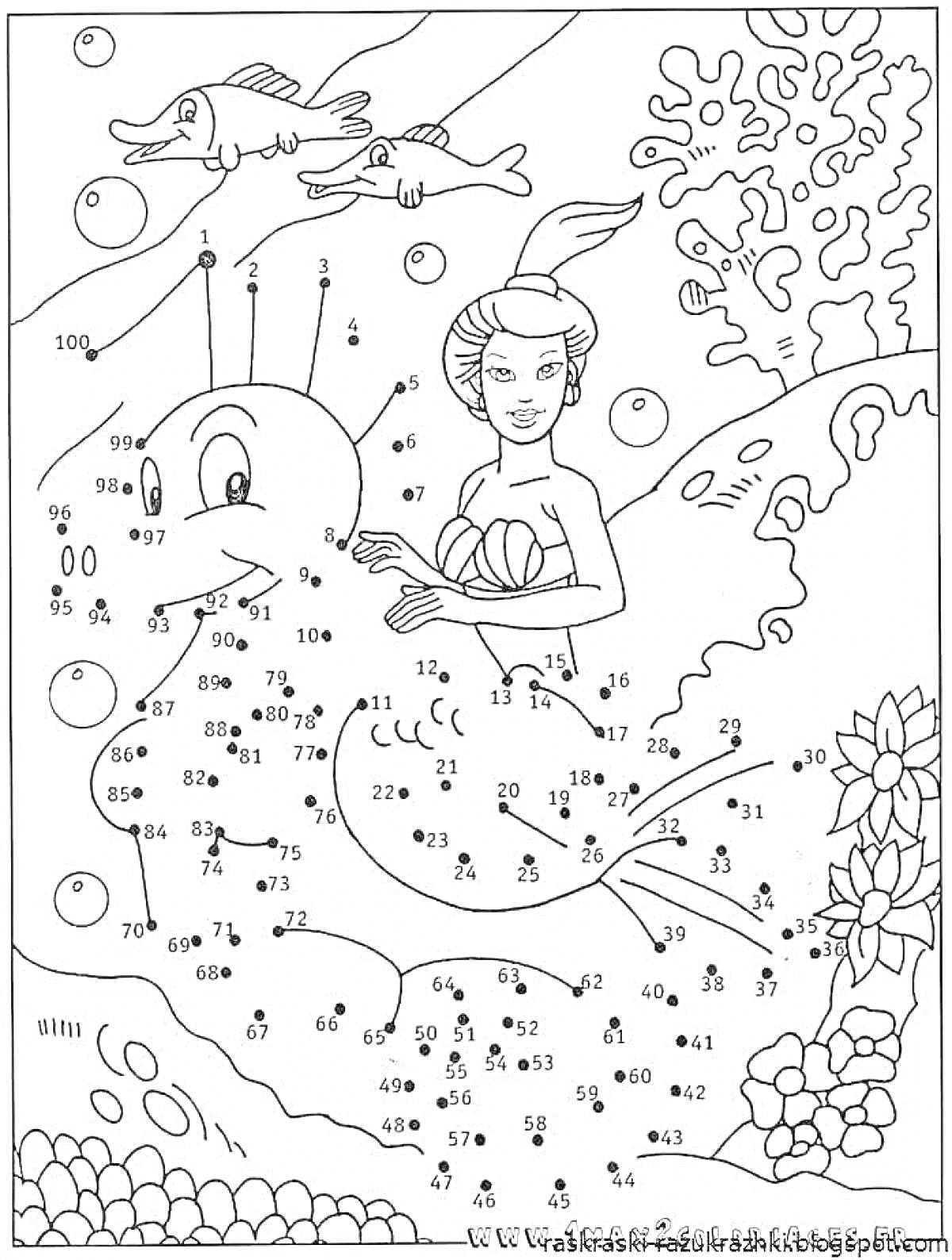 На раскраске изображено: Русалка, Подводный мир, По точкам, Кораллы, Водоросли, Морское дно, Для детей, 10 лет, Морские растения
