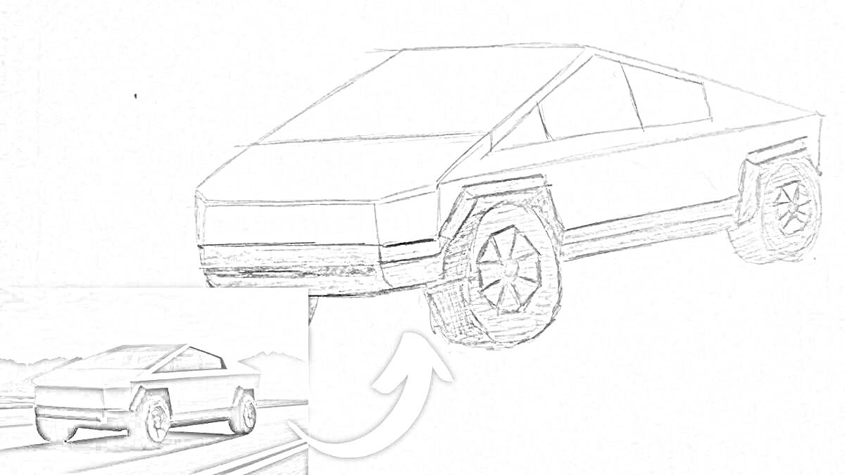 Раскраска Тесла Кибертрак, карандашный набросок с вставленным изображением готового автомобиля.