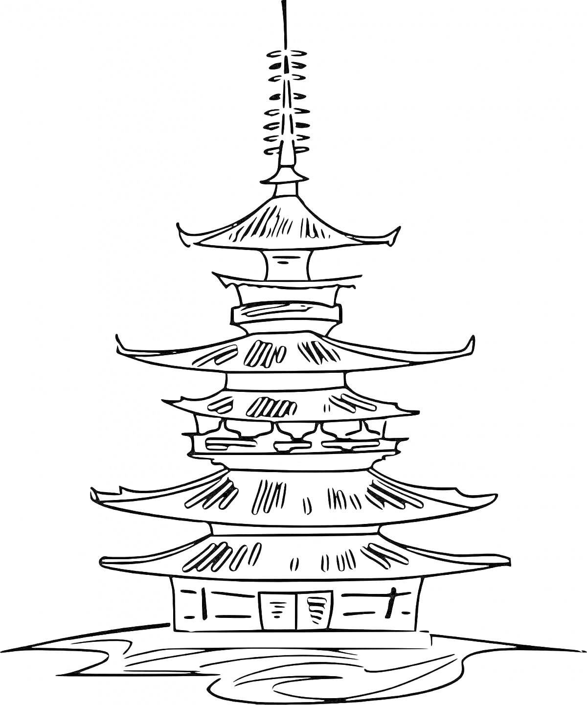 Раскраска Пятиуровневая пагода на волнистом основании, видна структура крыши и декоративные элементы