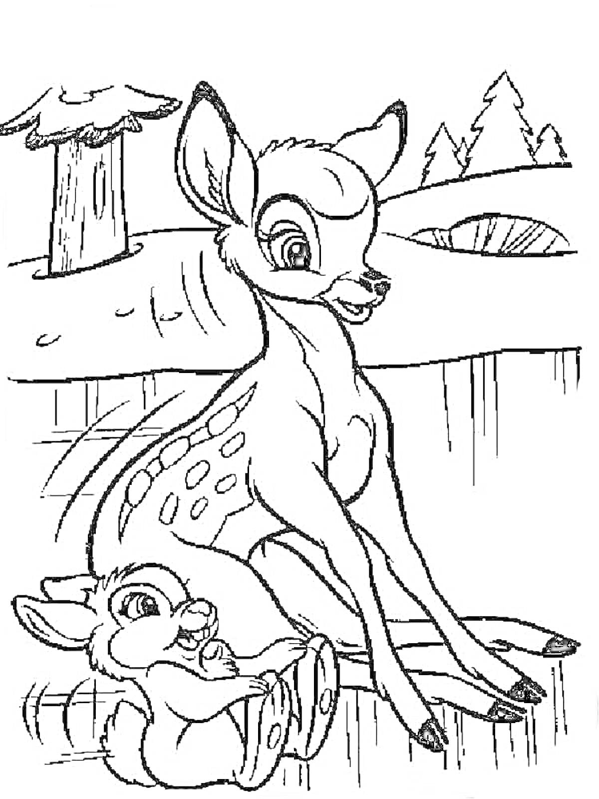 Раскраска Бэмби и зайчонок на поляне у реки на фоне леса и моста
