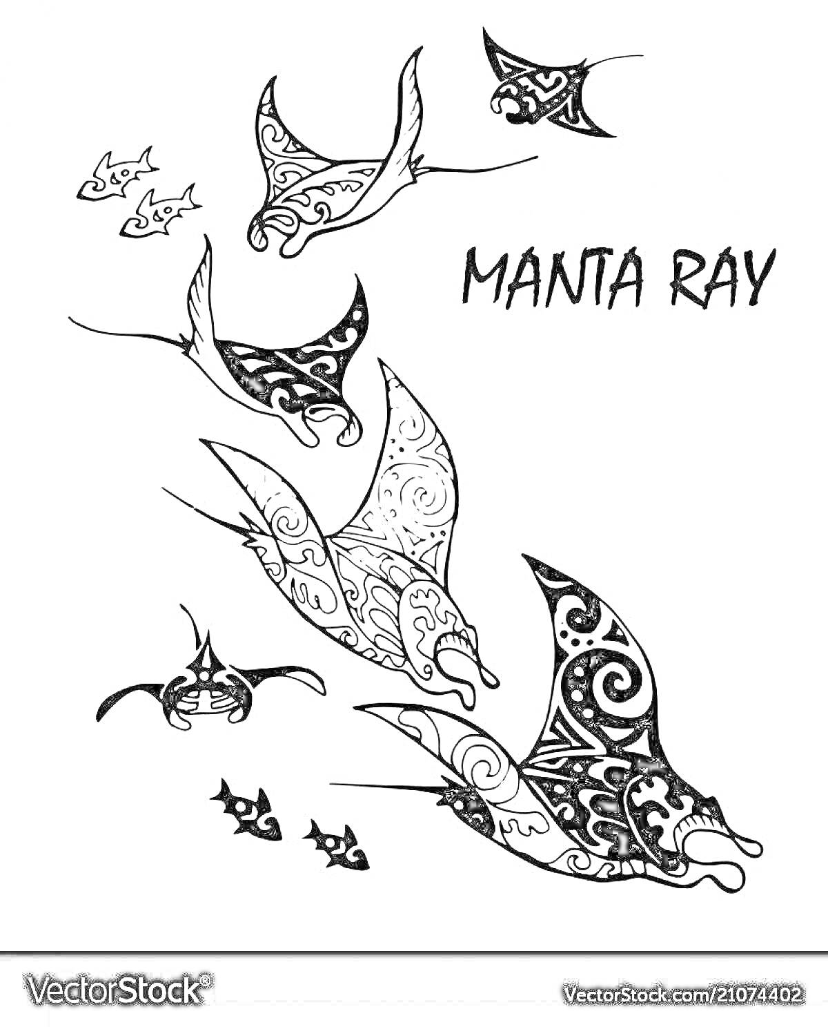 На раскраске изображено: Манта, Скат, Рыба, Морская жизнь, Орнамент