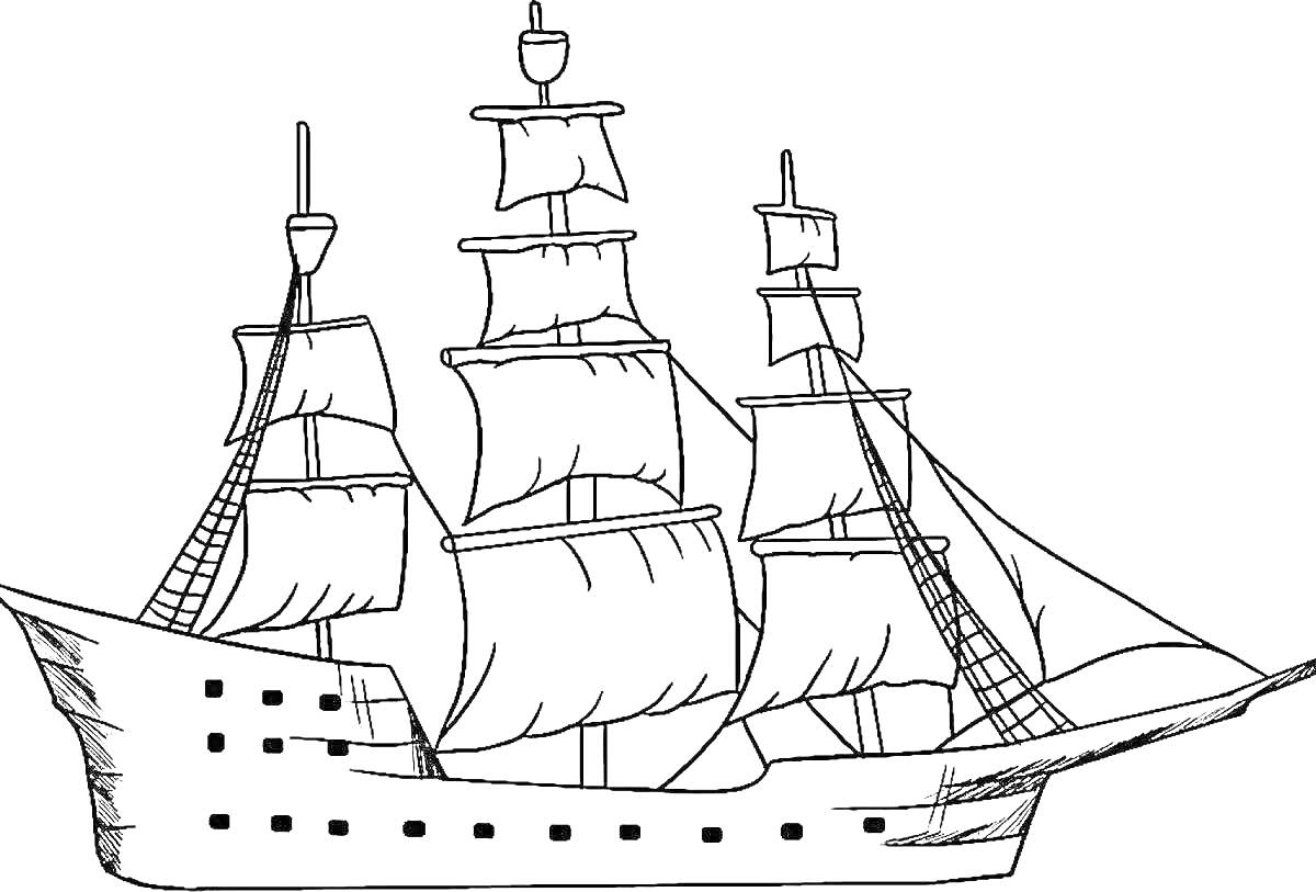 На раскраске изображено: Корабль, Паруса, Иллюминаторы, Море, Плавание, Судоходство