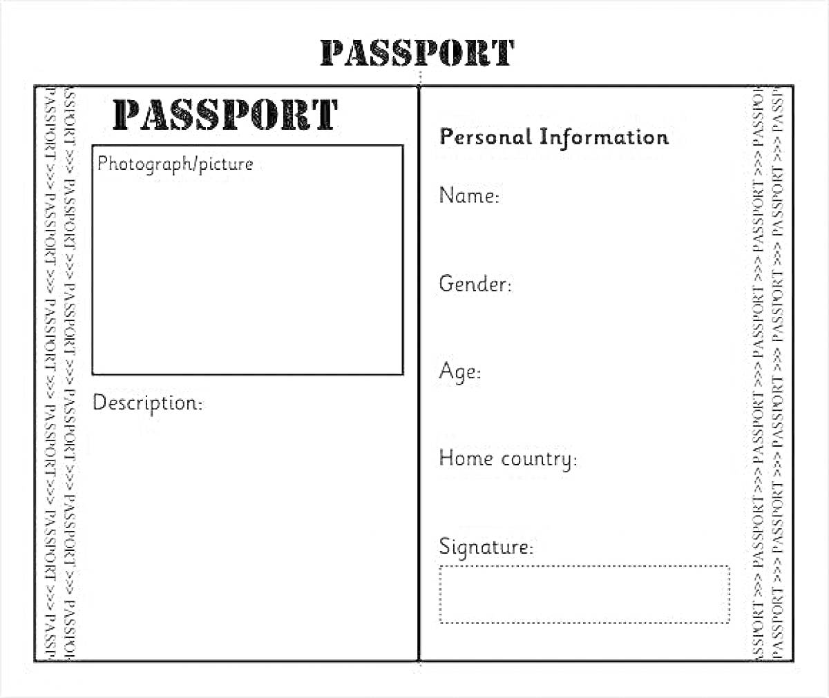 паспорт с разделами для фотографии, имени, пола, возраста, страны проживания и подписи