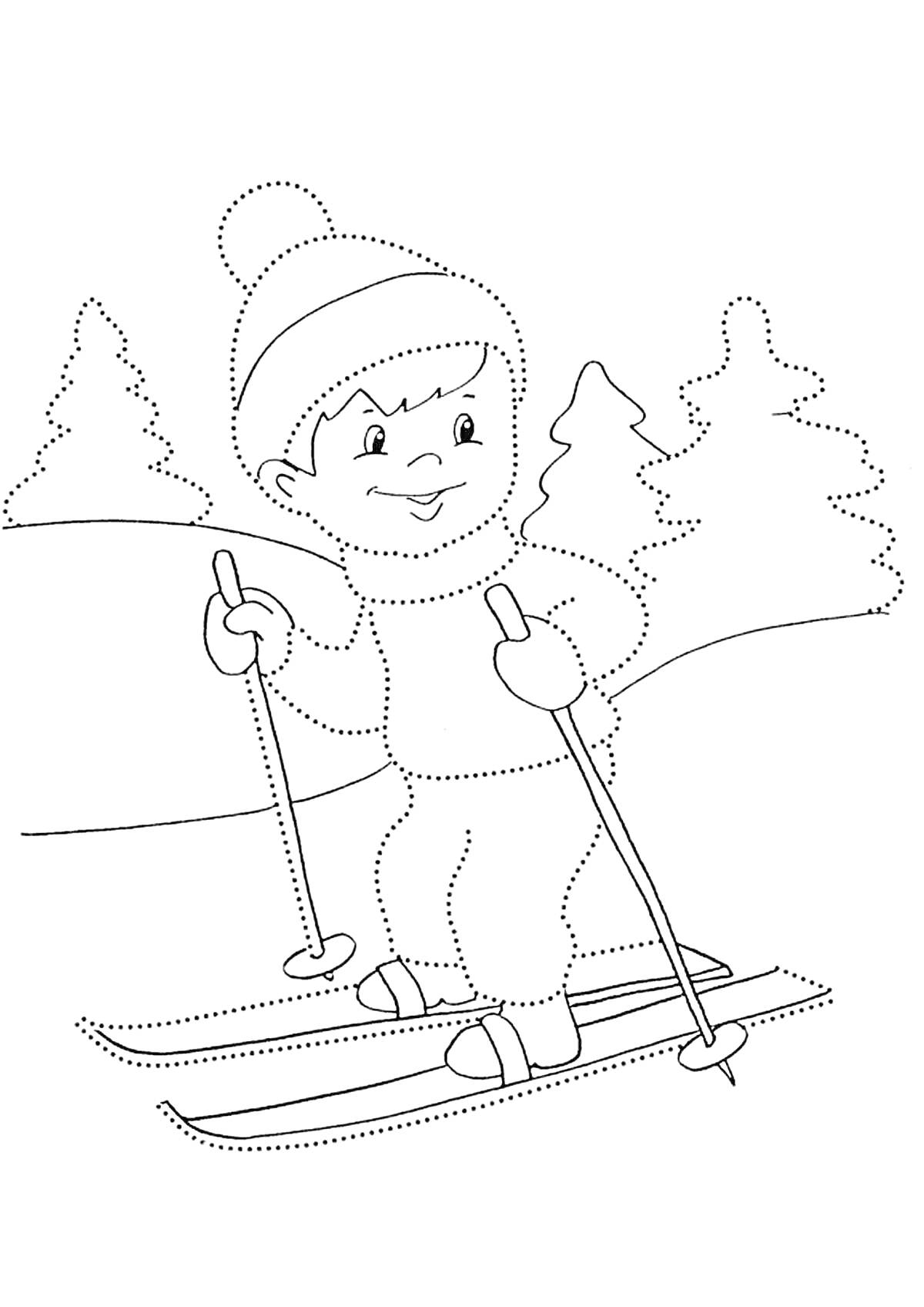 На раскраске изображено: Зима, Лыжи, Снег, Лыжник, Зимние развлечения, Природа, Деревья