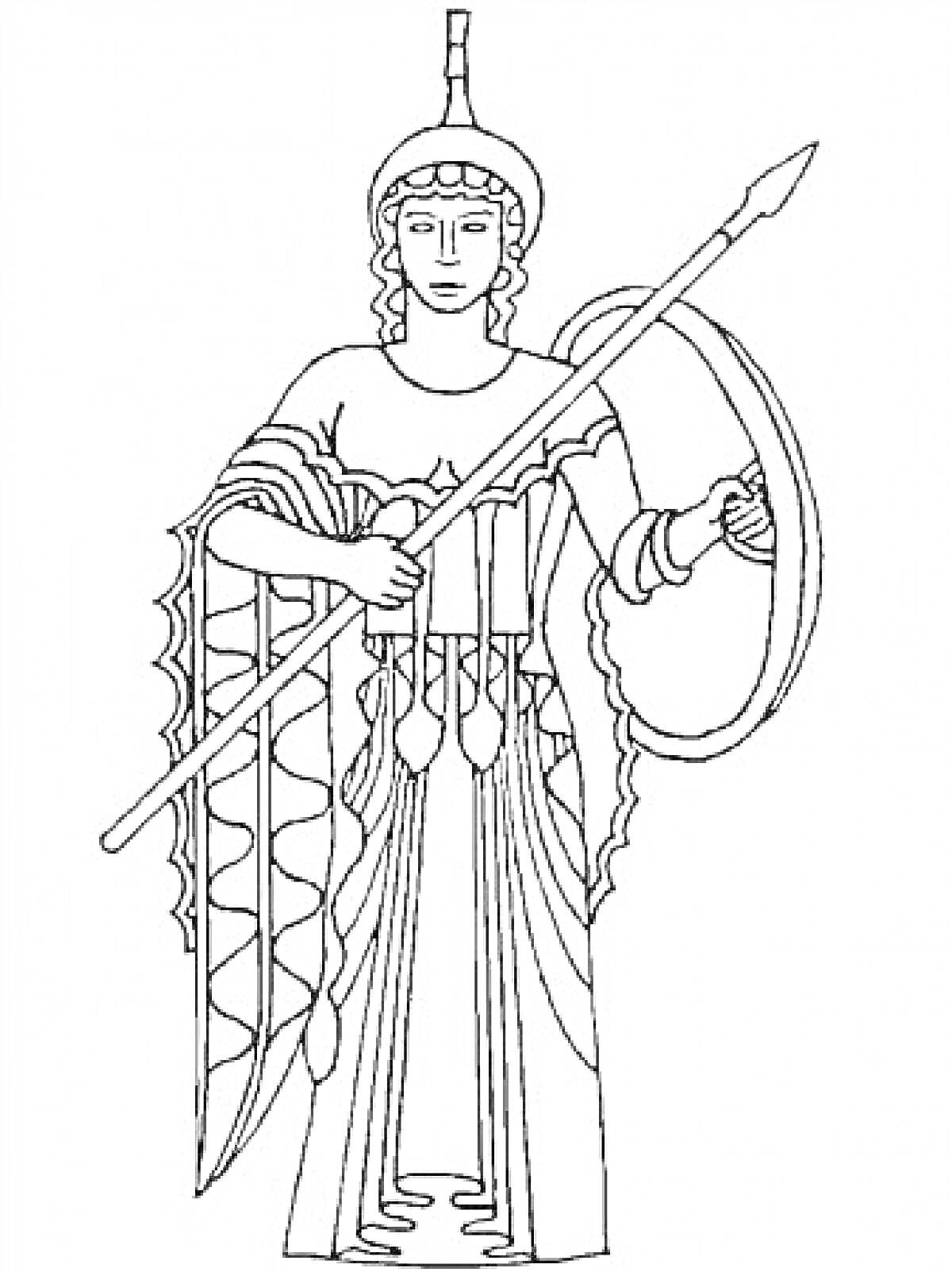 На раскраске изображено: Богиня, Щит, Древняя Греция, Мифология, Копья, Шлемы