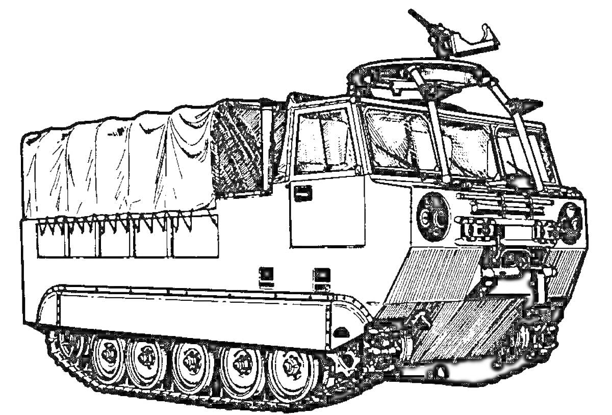 Раскраска Вездеход с гусеничным приводом, кабиной с окнами, брезентовым кузовом и крышной турелью