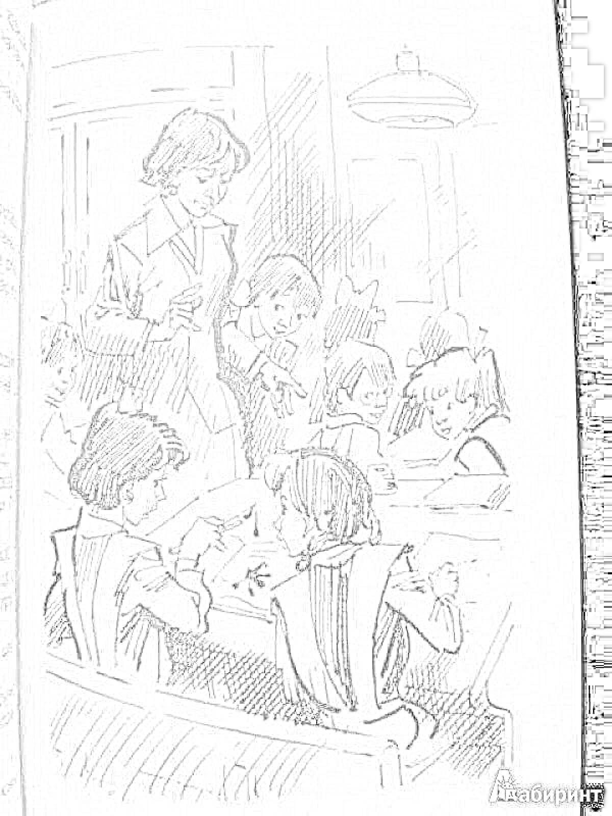 Учительница и дети за столом с книгами и рисунками в классе